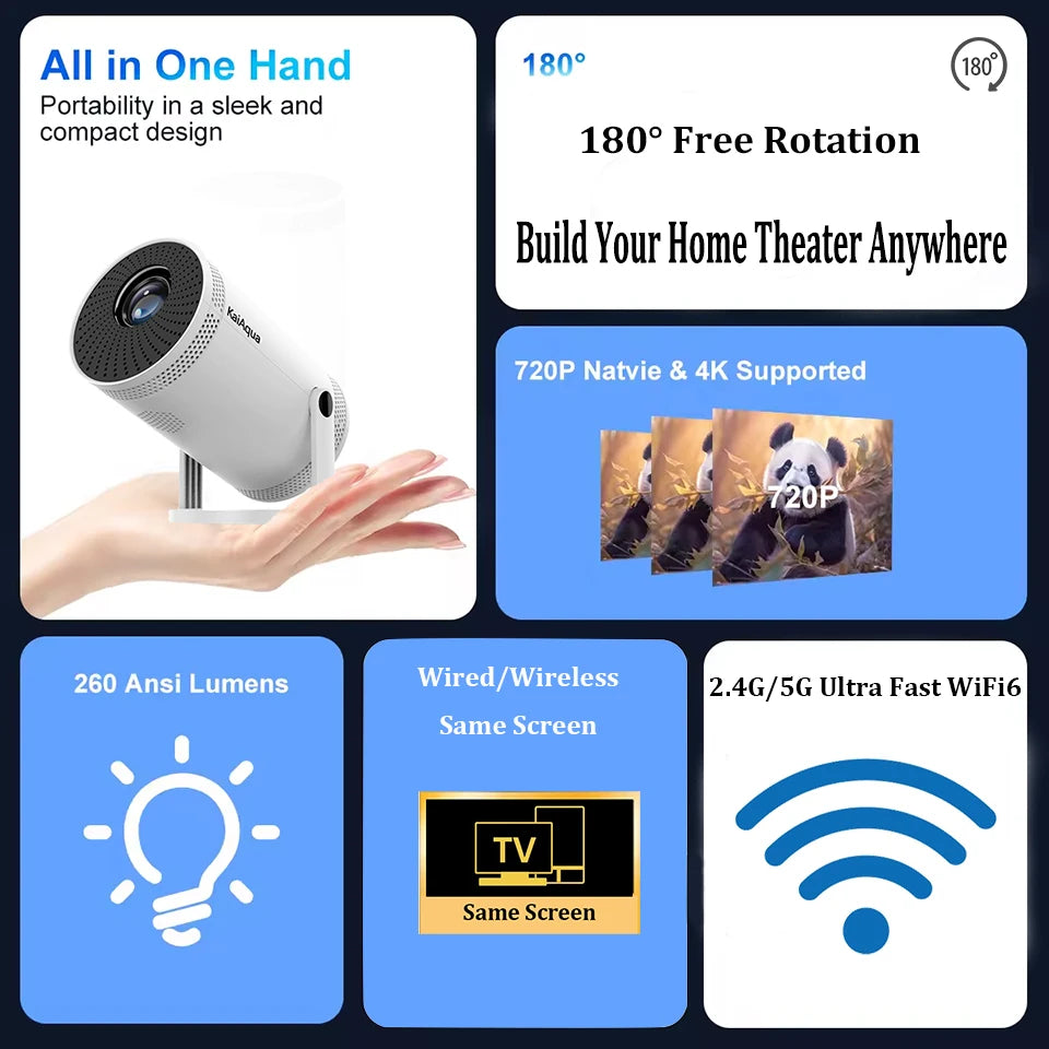 Mini Portable Projector Support 4K